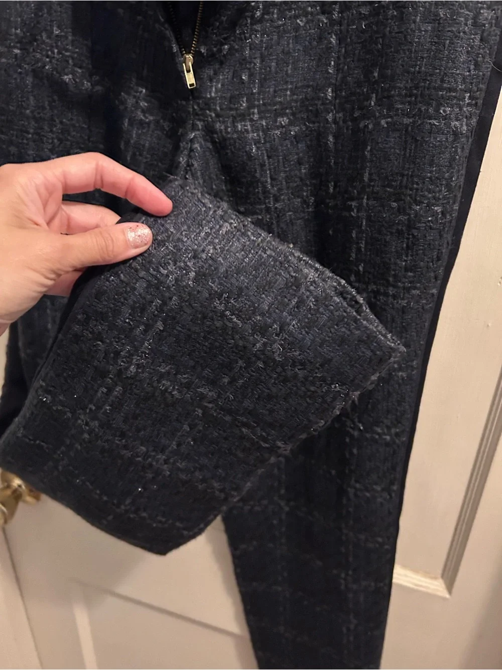 Tory Burch Navy Textured Tweed Pinstripe Detail Trousers